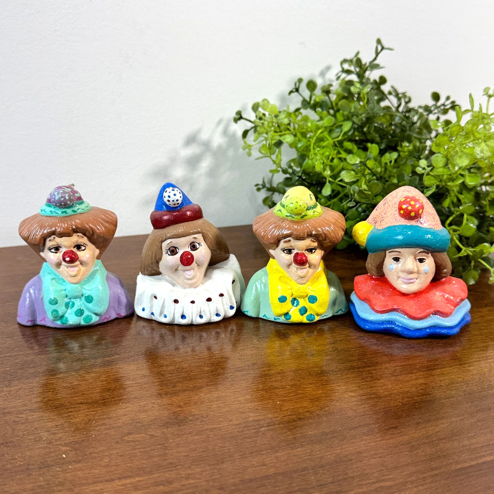 Vintage Handmade Ceramic Clown Cake Toppers Set of 4 Circus Heads Figurines